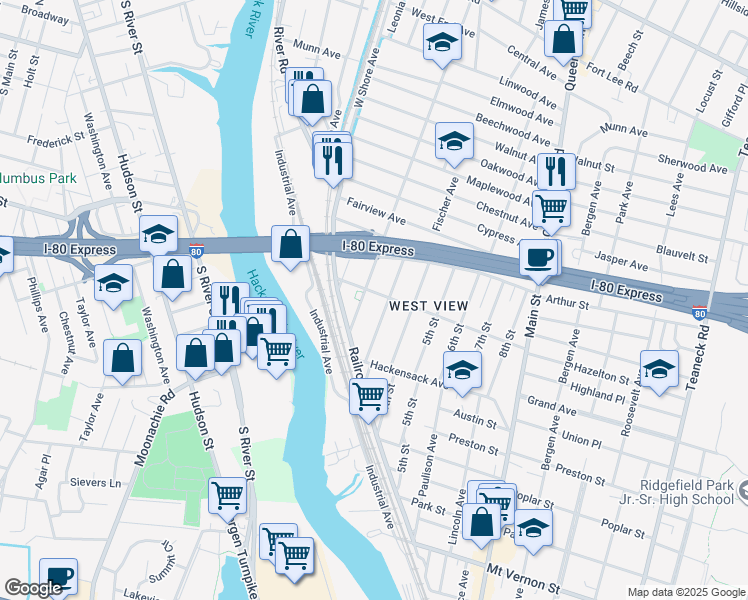 map of restaurants, bars, coffee shops, grocery stores, and more near in Ridgefield Park