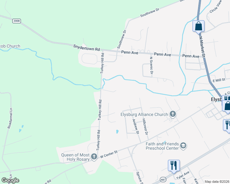 map of restaurants, bars, coffee shops, grocery stores, and more near 350 Turkey Hill Road in Elysburg