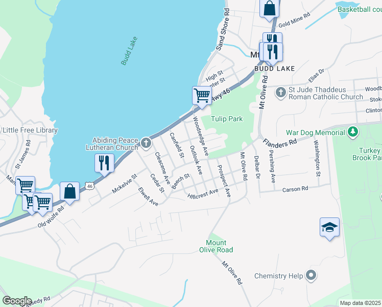 map of restaurants, bars, coffee shops, grocery stores, and more near 16 Outlook Avenue in Mount Olive