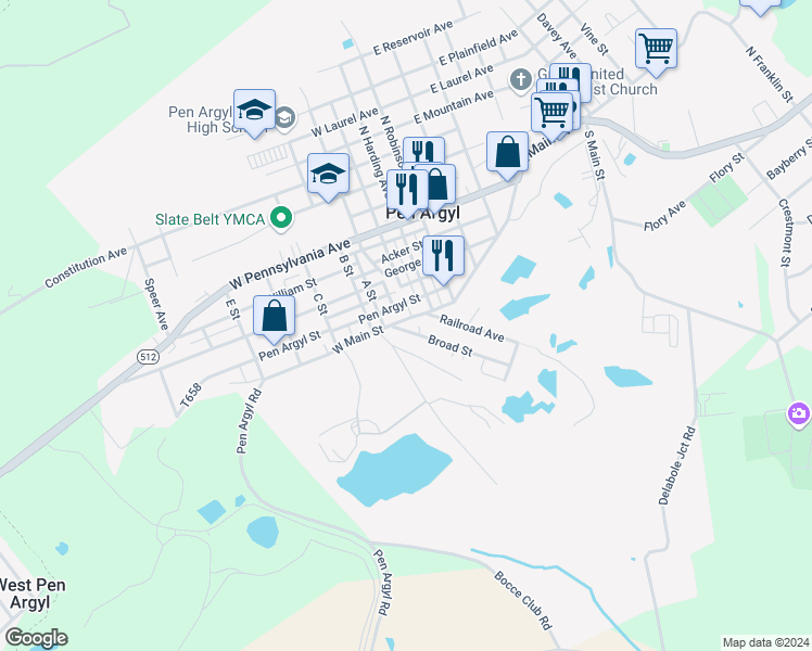 map of restaurants, bars, coffee shops, grocery stores, and more near 26 Pen Argyl Street in Pen Argyl