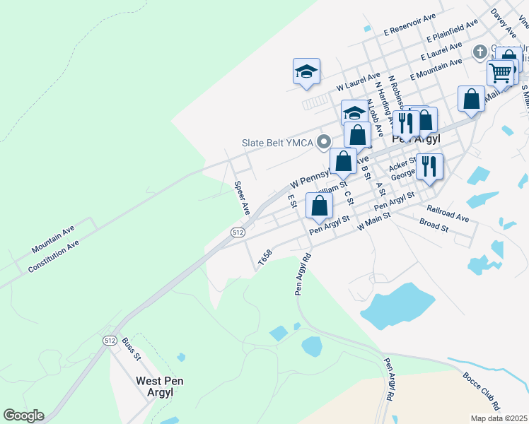 map of restaurants, bars, coffee shops, grocery stores, and more near 801 William St in Pen Argyl