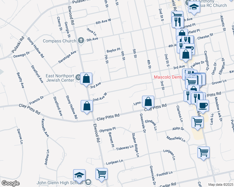 map of restaurants, bars, coffee shops, grocery stores, and more near 436 2nd Avenue West in East Northport