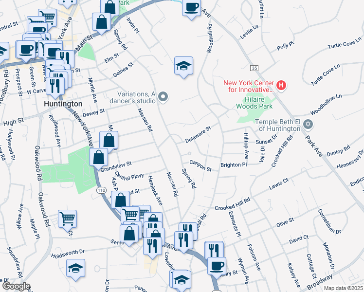 map of restaurants, bars, coffee shops, grocery stores, and more near 17 Delaware Street in Huntington