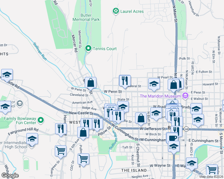map of restaurants, bars, coffee shops, grocery stores, and more near 530 Federal Street in Butler