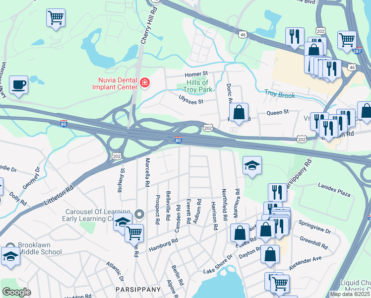 map of restaurants, bars, coffee shops, grocery stores, and more near 579 Frontage Road in Parsippany-Troy Hills