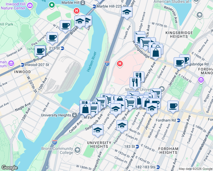 map of restaurants, bars, coffee shops, grocery stores, and more near 2014 Bailey Avenue in Bronx
