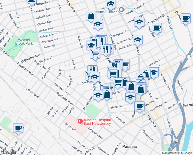 map of restaurants, bars, coffee shops, grocery stores, and more near 135 Myrtle Avenue in Passaic