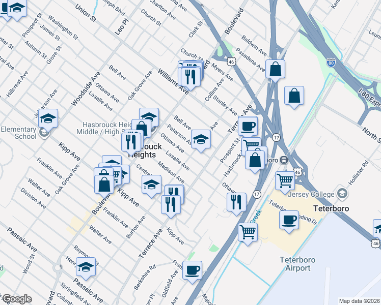 map of restaurants, bars, coffee shops, grocery stores, and more near 291 Burton Avenue in Hasbrouck Heights