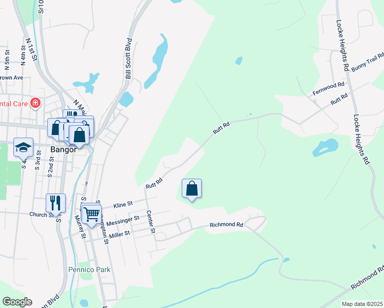 map of restaurants, bars, coffee shops, grocery stores, and more near 577 Rutt Road in Bangor