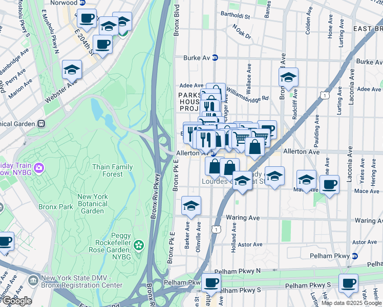 map of restaurants, bars, coffee shops, grocery stores, and more near 650 Allerton Avenue in Bronx
