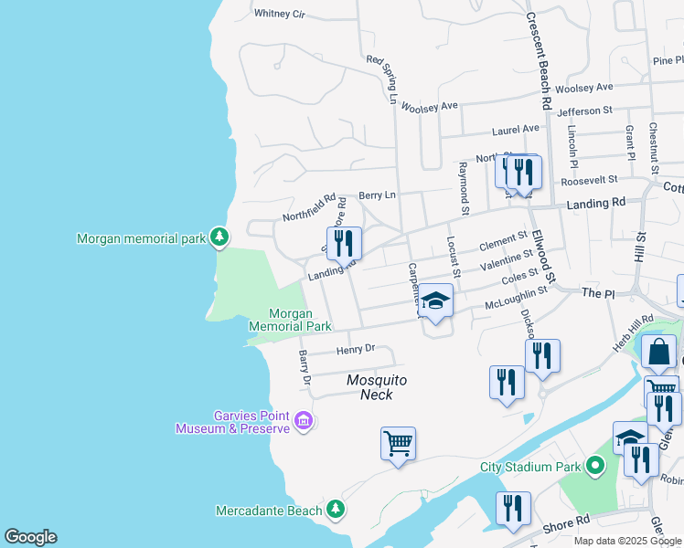 map of restaurants, bars, coffee shops, grocery stores, and more near 8 Southfield Road in Glen Cove