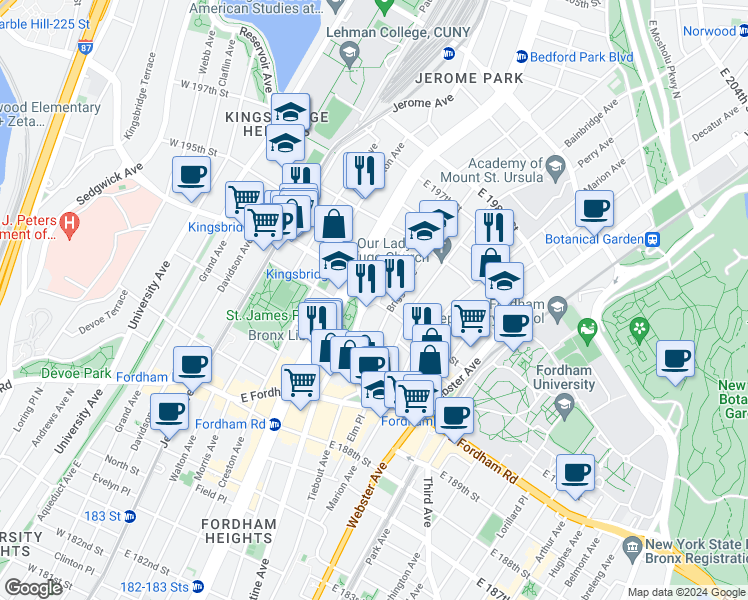 map of restaurants, bars, coffee shops, grocery stores, and more near East Kingsbridge Road & East 194th Street in Bronx