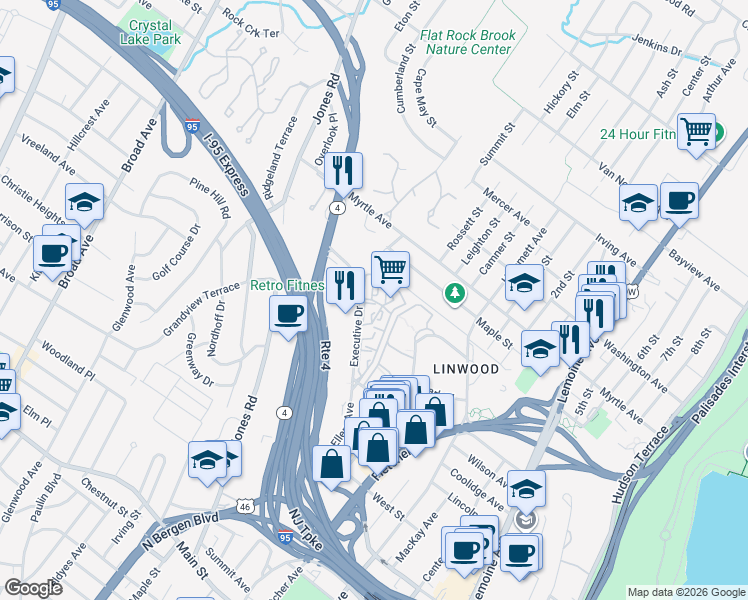 map of restaurants, bars, coffee shops, grocery stores, and more near Crest Lane in Fort Lee