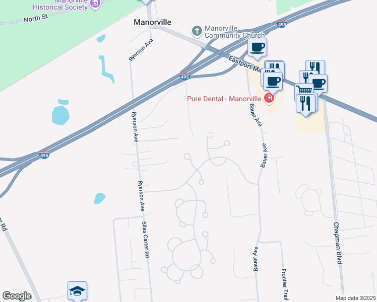 map of restaurants, bars, coffee shops, grocery stores, and more near 16 Pidgeon Court in Manorville