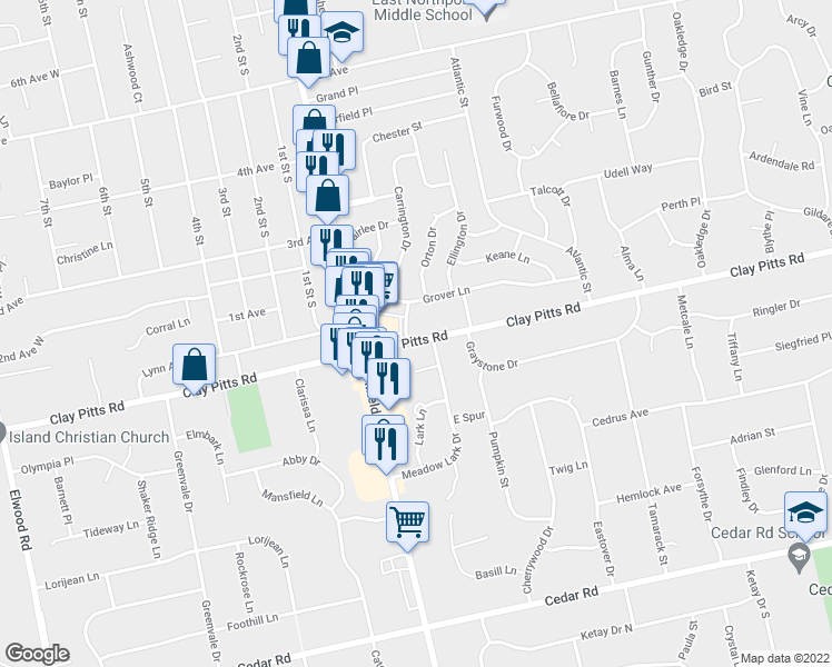 map of restaurants, bars, coffee shops, grocery stores, and more near 313 Clay Pitts Road in East Northport