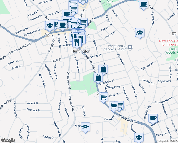 map of restaurants, bars, coffee shops, grocery stores, and more near 487 New York Avenue in Huntington