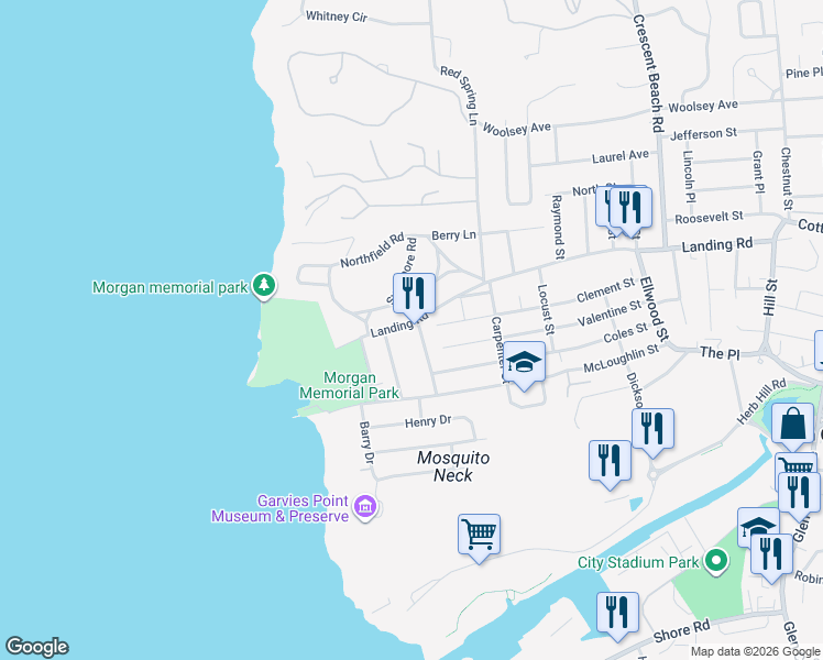 map of restaurants, bars, coffee shops, grocery stores, and more near 8 Southfield Road in Glen Cove