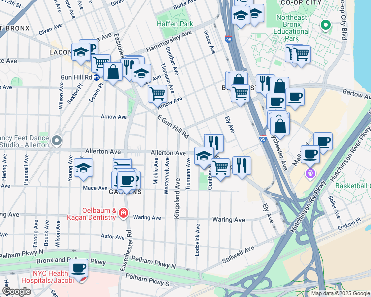 map of restaurants, bars, coffee shops, grocery stores, and more near 1660 East Gun Hill Road in Bronx