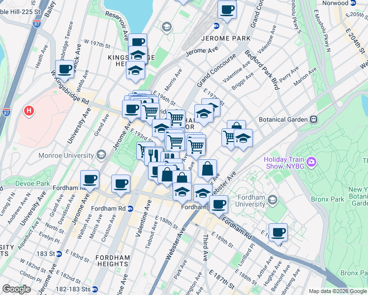 map of restaurants, bars, coffee shops, grocery stores, and more near in The Bronx