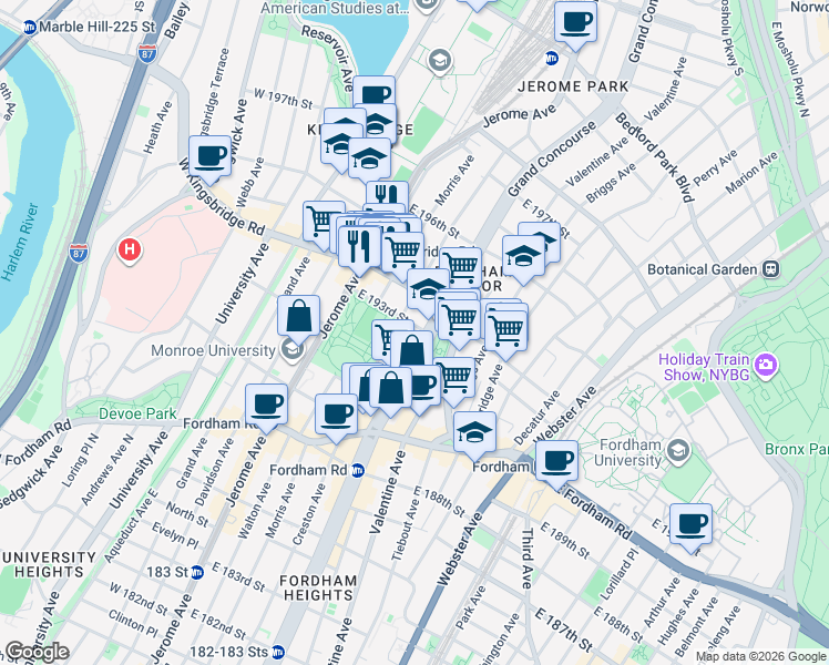 map of restaurants, bars, coffee shops, grocery stores, and more near 2633 Creston Avenue in The Bronx