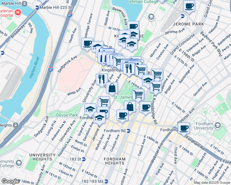 map of restaurants, bars, coffee shops, grocery stores, and more near 2601 Jerome Avenue in Bronx
