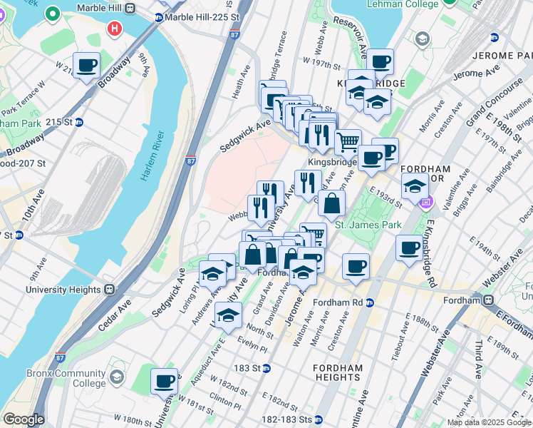 map of restaurants, bars, coffee shops, grocery stores, and more near 2515 University Avenue in Bronx