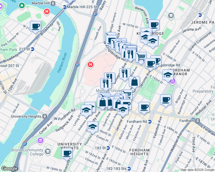 map of restaurants, bars, coffee shops, grocery stores, and more near 2515 University Avenue in Bronx