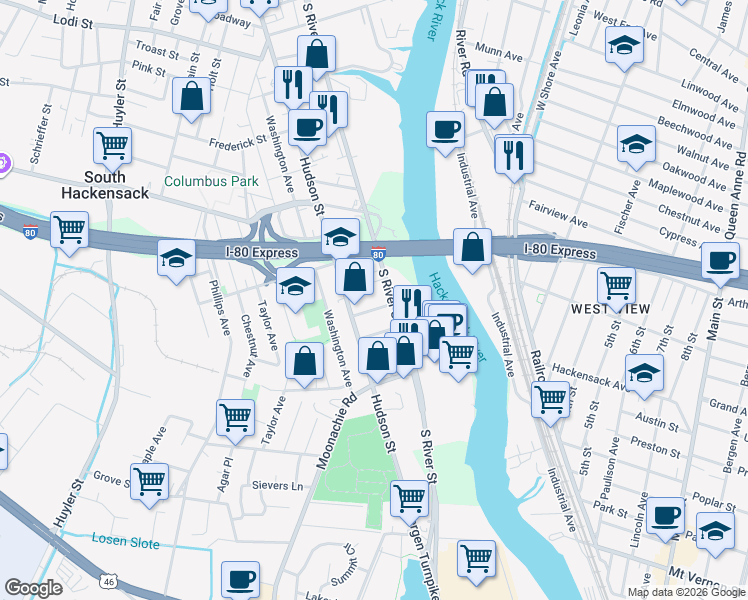 map of restaurants, bars, coffee shops, grocery stores, and more near 406 Hudson Street in Hackensack