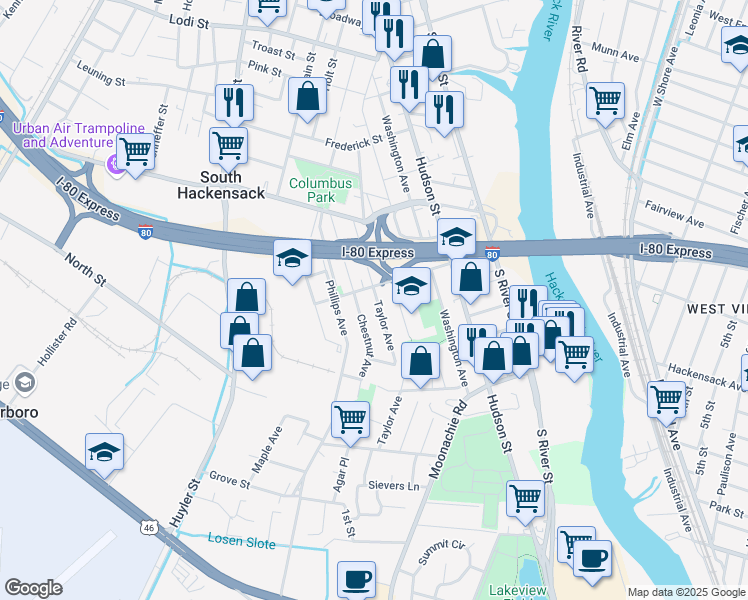 map of restaurants, bars, coffee shops, grocery stores, and more near 82 Vreeland Avenue in Hackensack
