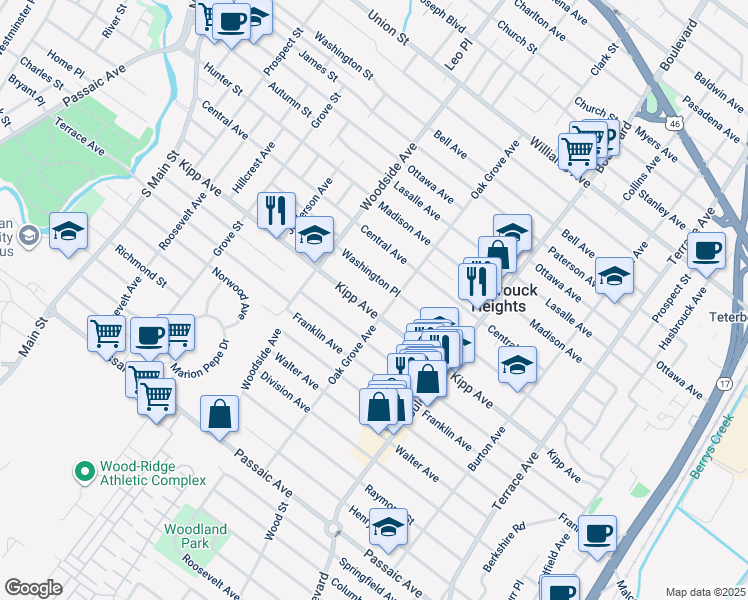 map of restaurants, bars, coffee shops, grocery stores, and more near 36 Washington Place in Hasbrouck Heights