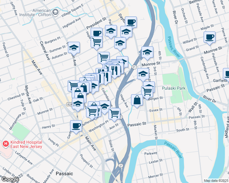 map of restaurants, bars, coffee shops, grocery stores, and more near 38 Vreeland Avenue in Passaic