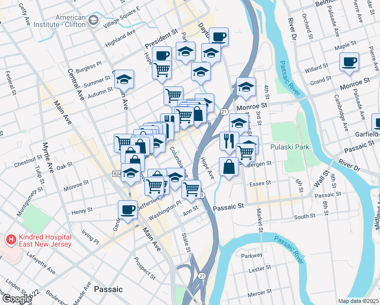 map of restaurants, bars, coffee shops, grocery stores, and more near 38 Vreeland Avenue in Passaic