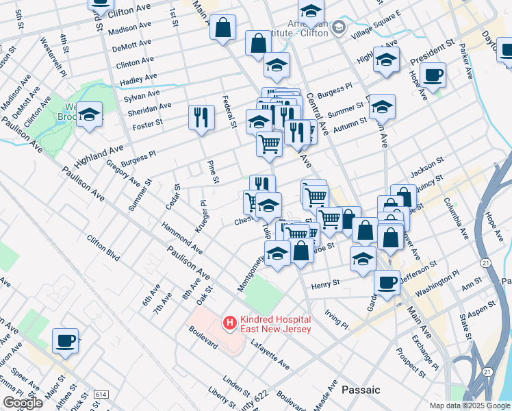 map of restaurants, bars, coffee shops, grocery stores, and more near 308 Sherman Street in Passaic