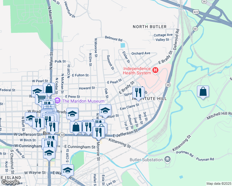 map of restaurants, bars, coffee shops, grocery stores, and more near 712 East Brady Street in Butler
