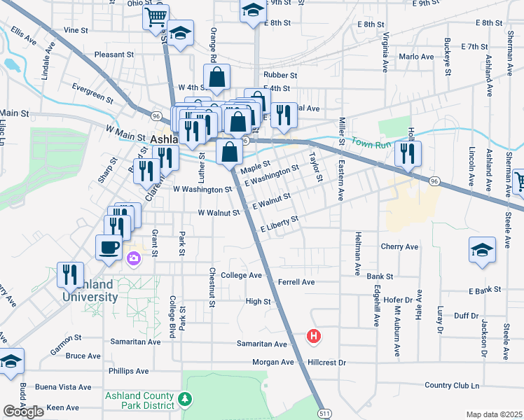 map of restaurants, bars, coffee shops, grocery stores, and more near 110 East Walnut Street in Ashland