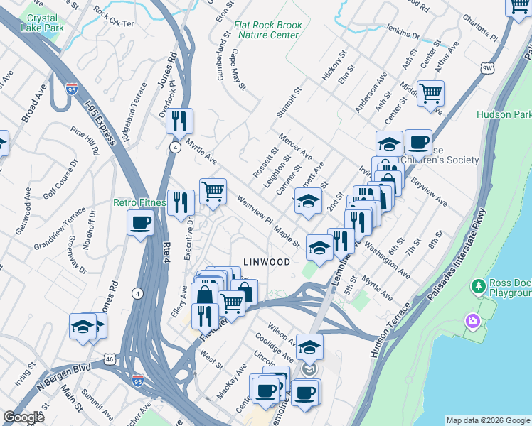 map of restaurants, bars, coffee shops, grocery stores, and more near 485 Westview Place in Fort Lee