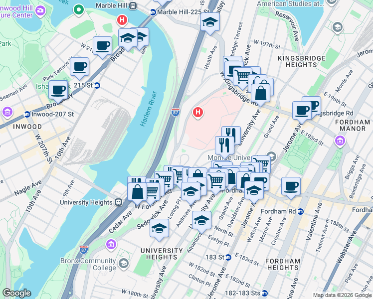 map of restaurants, bars, coffee shops, grocery stores, and more near 2 Fordham Hill Oval in The Bronx
