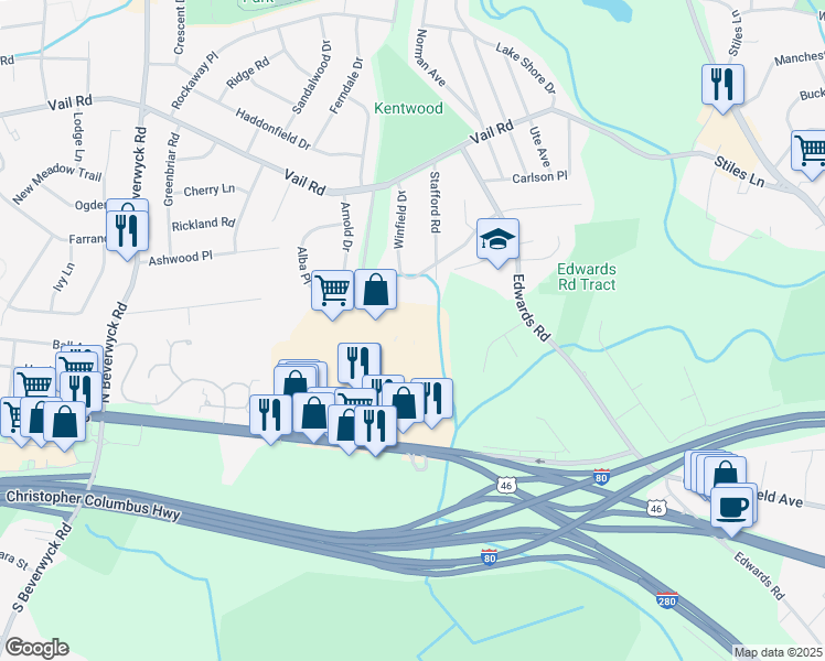 map of restaurants, bars, coffee shops, grocery stores, and more near 261 Parsippany Road in Parsippany-Troy Hills