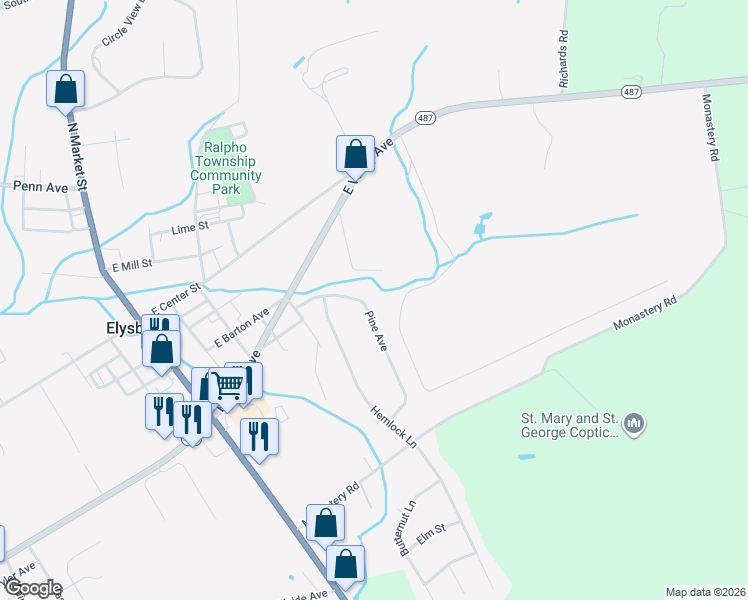 map of restaurants, bars, coffee shops, grocery stores, and more near 2-98 Pine Avenue in Elysburg