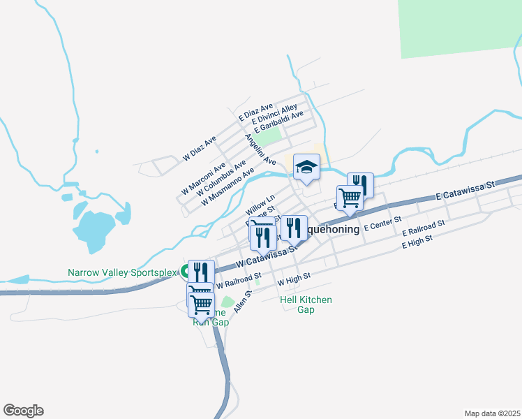map of restaurants, bars, coffee shops, grocery stores, and more near 80 Rhume Street in Nesquehoning