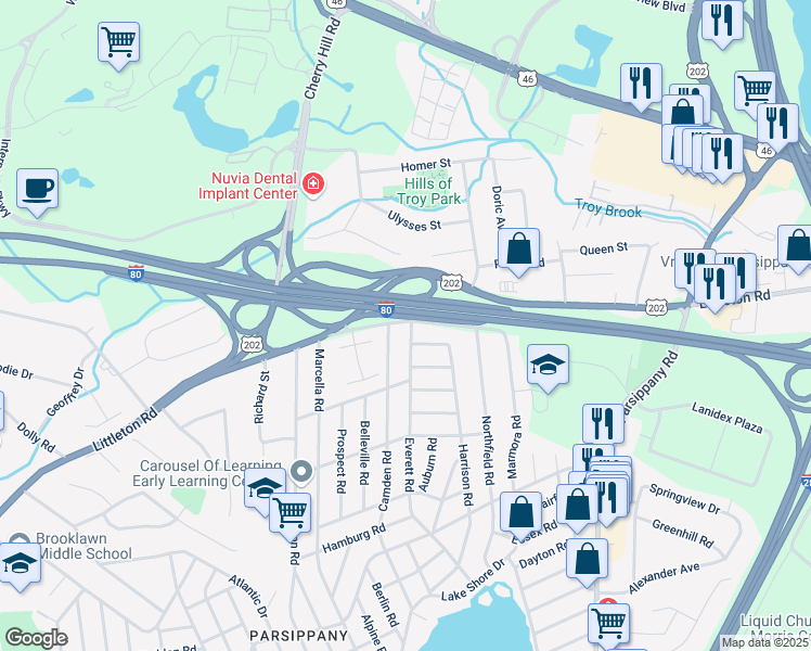 map of restaurants, bars, coffee shops, grocery stores, and more near 579 Frontage Road in Parsippany-Troy Hills