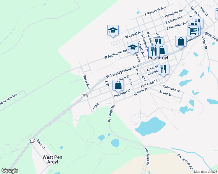 map of restaurants, bars, coffee shops, grocery stores, and more near 136 E Street in Pen Argyl