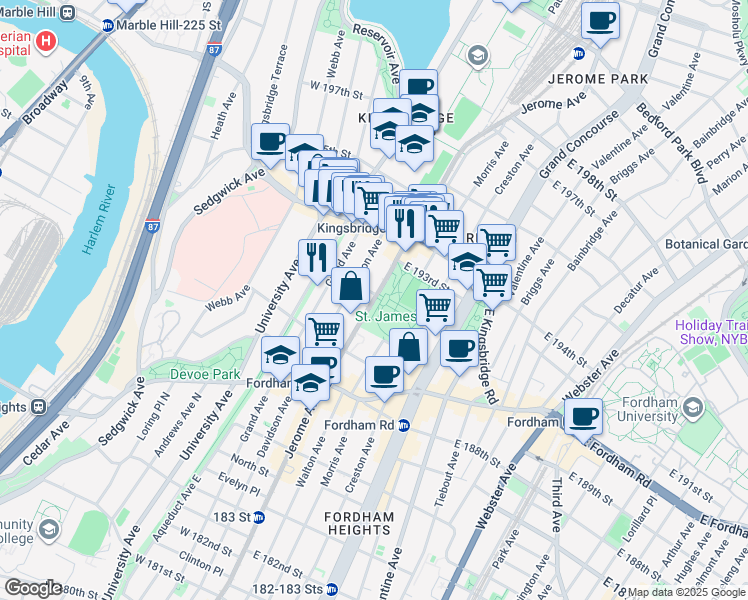 map of restaurants, bars, coffee shops, grocery stores, and more near Jerome Avenue in The Bronx