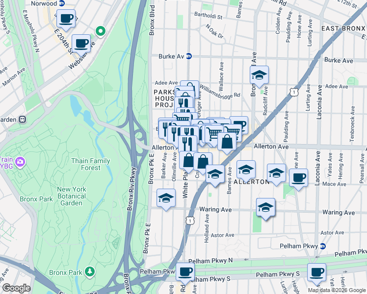 map of restaurants, bars, coffee shops, grocery stores, and more near 695 Allerton Avenue in Bronx