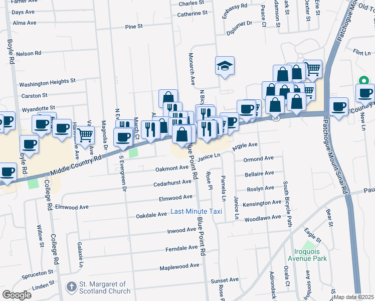 map of restaurants, bars, coffee shops, grocery stores, and more near 648 Middle Country Road in Selden