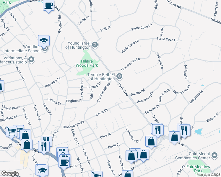 map of restaurants, bars, coffee shops, grocery stores, and more near 147 Crooked Hill Road in Huntington