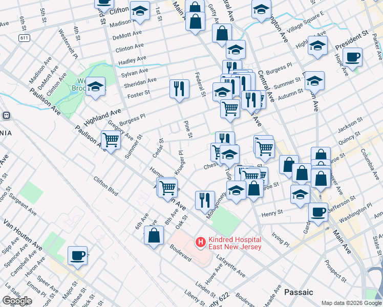 map of restaurants, bars, coffee shops, grocery stores, and more near 521 Harrison Street in Passaic