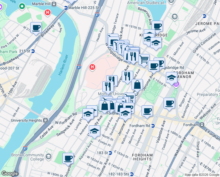map of restaurants, bars, coffee shops, grocery stores, and more near 2515 University Avenue in Bronx