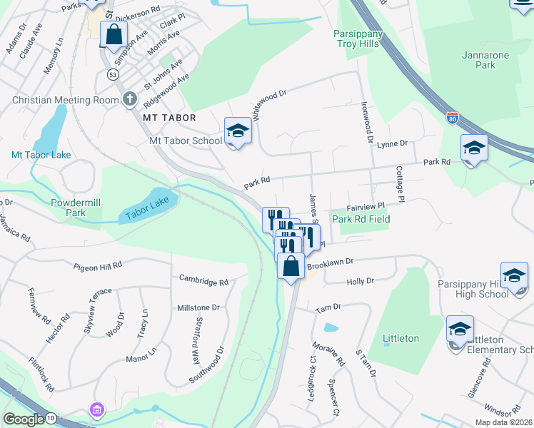map of restaurants, bars, coffee shops, grocery stores, and more near 1095 Tabor Road in Morris Plains