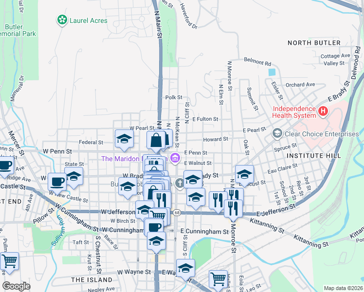 map of restaurants, bars, coffee shops, grocery stores, and more near 420 North Cliff Street in Butler